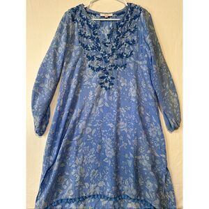 Amaya 100% Silk Embroidered Floral Tunic Dress Blue Boho Pom Trim Women’s 10